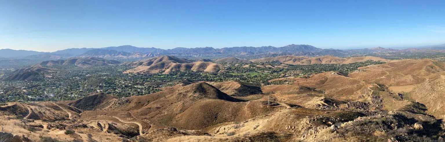 Panorama of Conejo Valley showing open space and trails