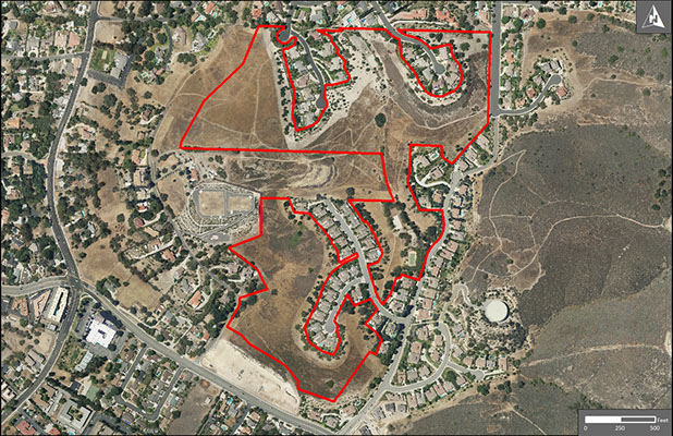 Aerial view of the 57-acre Glider Hill Open Space shows equestrian trails meandering through grassland