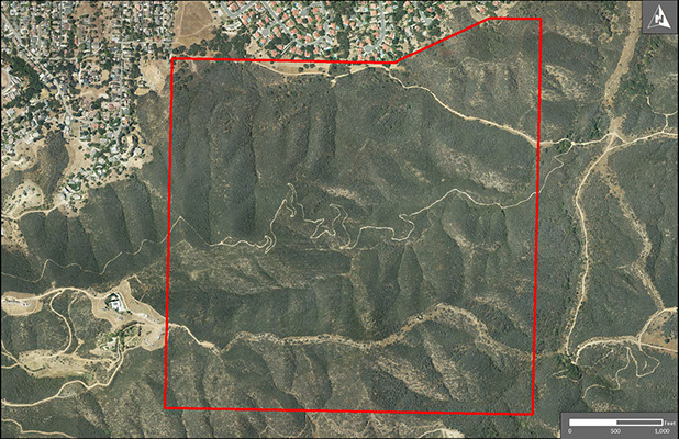 Aerial view of the 360-acre Hope Nature Preserve Open Space shows dense chaparral and oak woodlands blanketing mountainous terrain