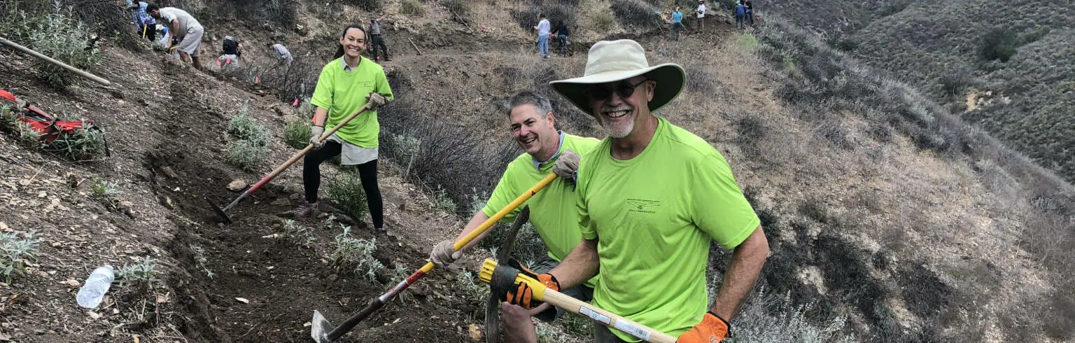 Long line of volunteers spreads out along a mountain to excavate hiking trail